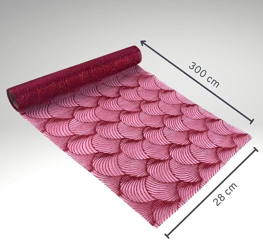 Transparante organza tafelloper met rode glitterprint 1 stuk 28 x 300 cm