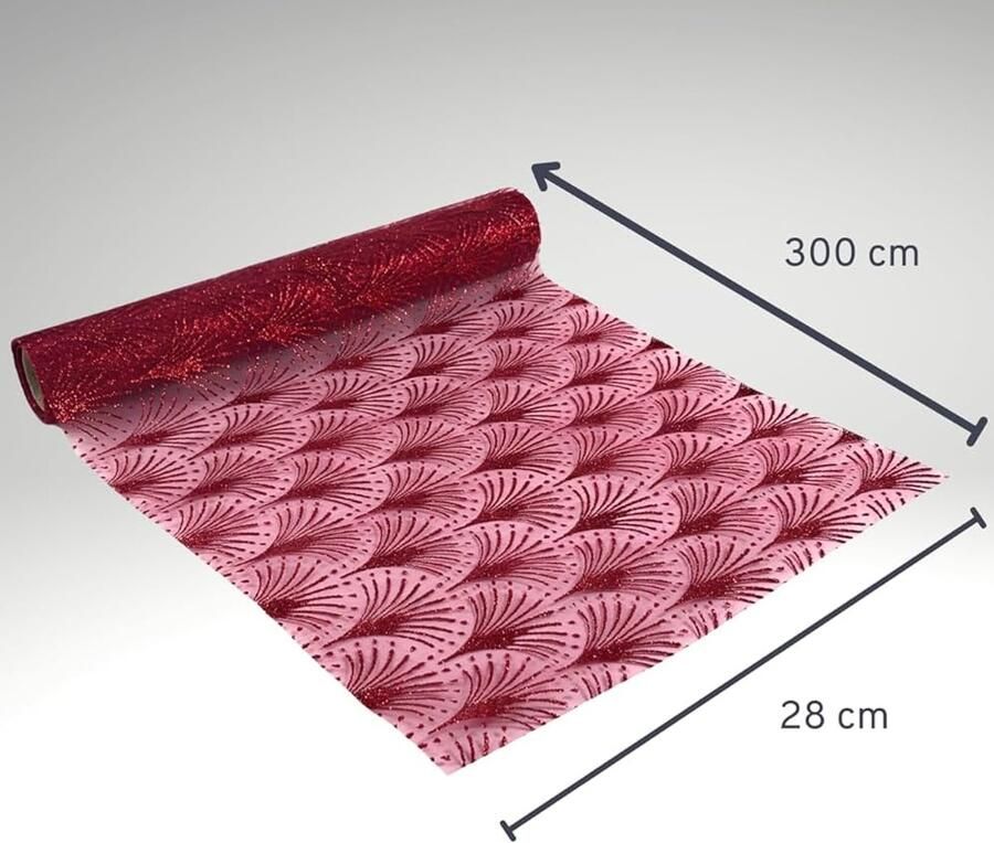 Transparante organza tafelloper met rode glitterprint 1 stuk 28 x 300 cm