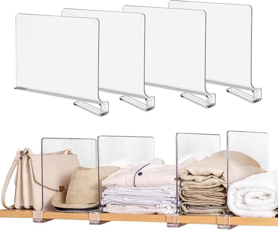 Transparante plankverdeler van acryl 30 x 20 cm kledingorganizer verstelbare plankverdeler zonder boren opbergsysteem voor handtassen en boeken set van 4 stuks