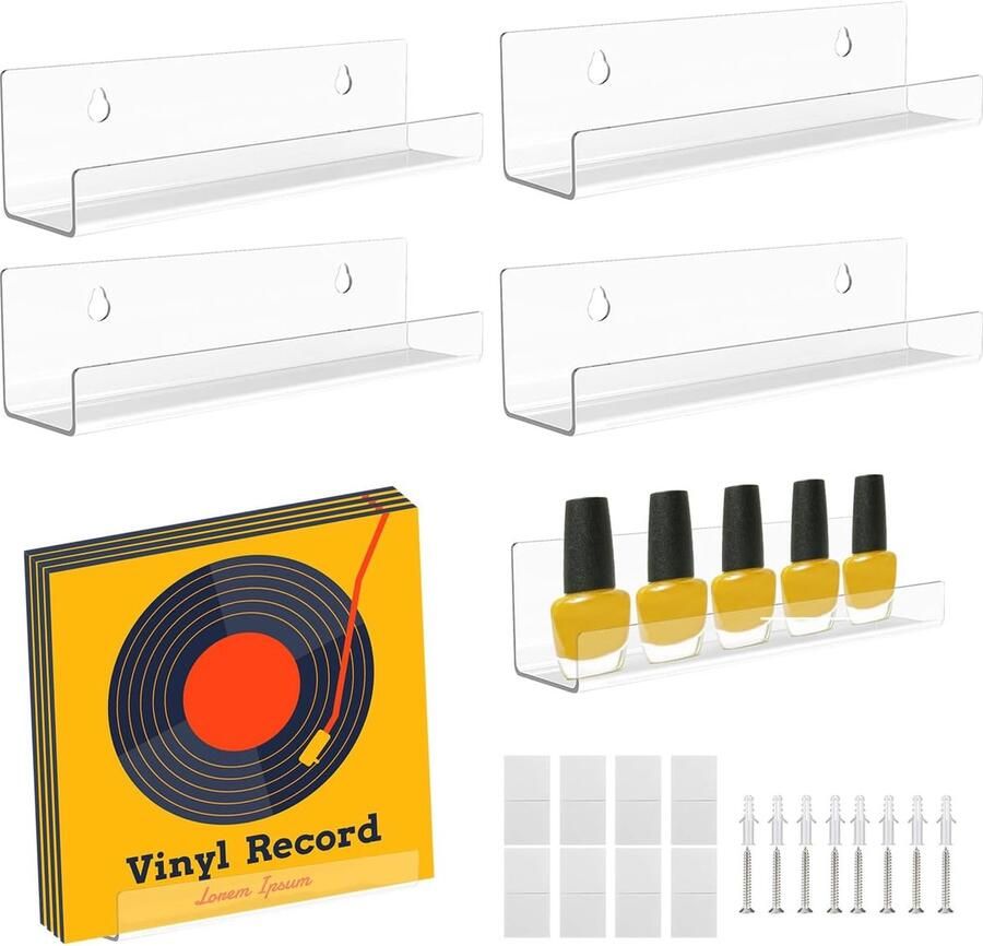 Transparante Wandmontage CD- en Vinylhouder Set van 4 Ideaal voor LP's en DVD's