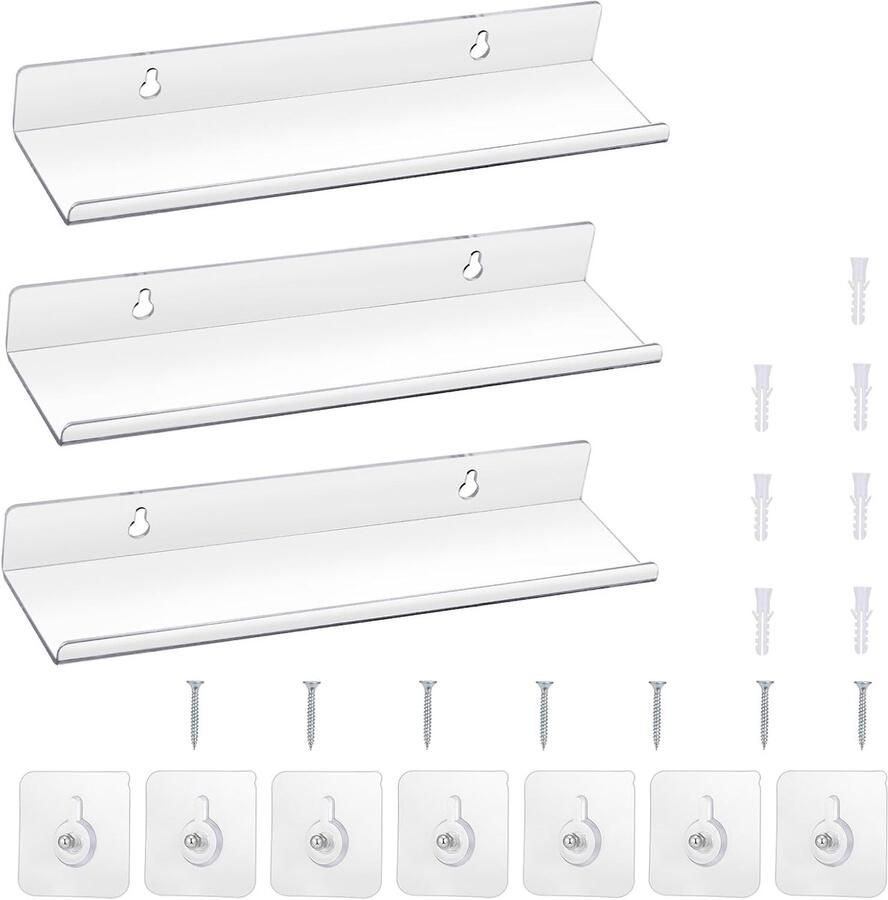 Set van 3 acryl wandplanken acryl plankenwand 30 x 7 9 x 3 6 cm acryl plank transparante wand zonder boren voor fotolijsten planten camera's keukenplanken kruidenrekjes boekenplanken industriële decoratie - Foto 2