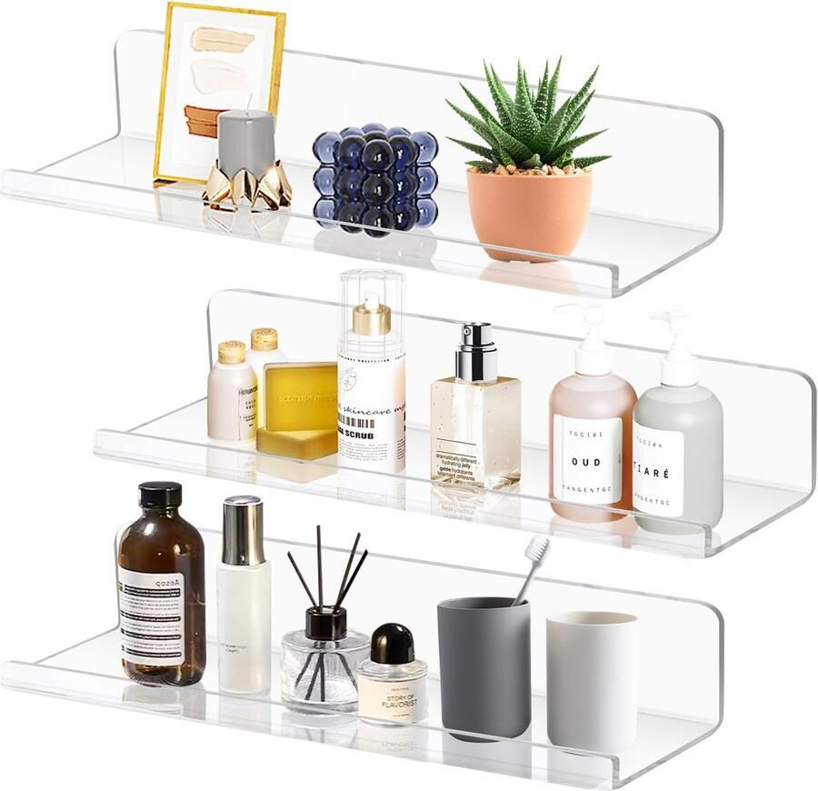 Transparante Zwevende Wandplanken Set van 3 voor Stijlvolle Opbergruimte in Huis