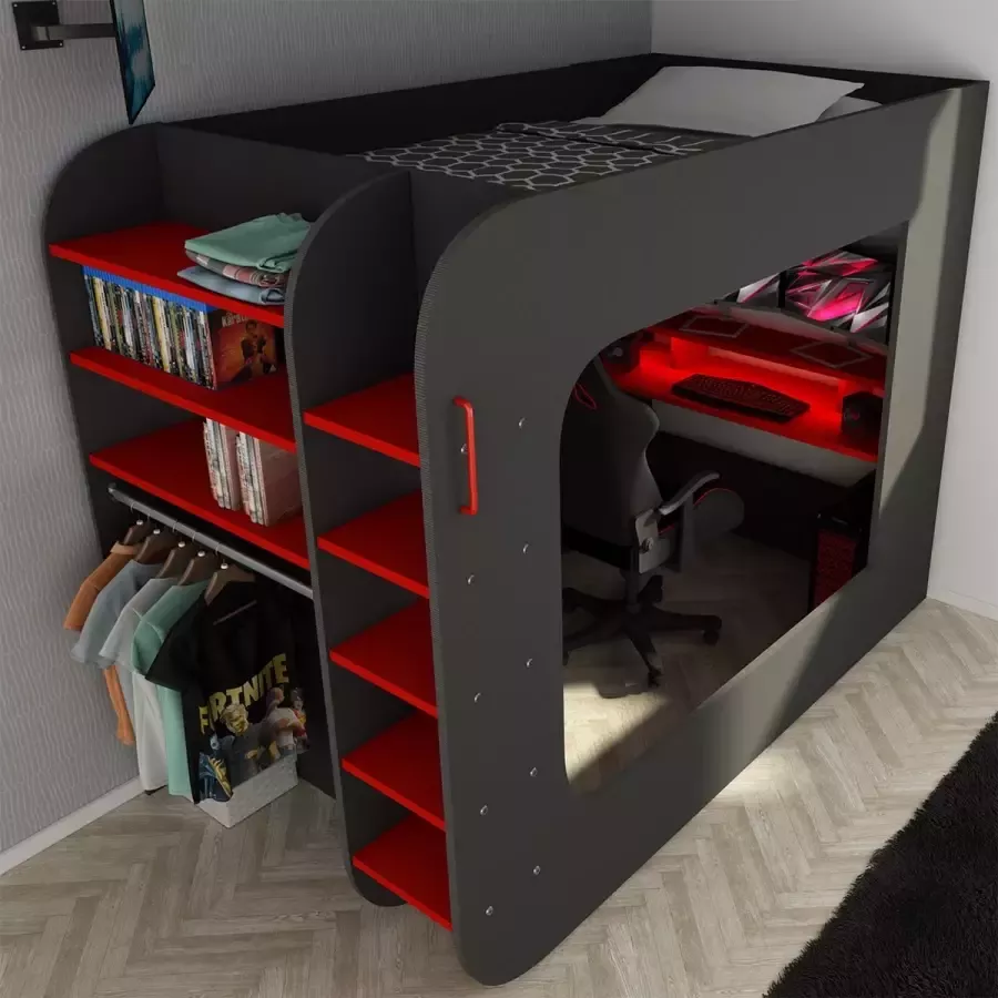Trasman Hoogslaper Graham met gamebureau 120x200cm antraciet|rood