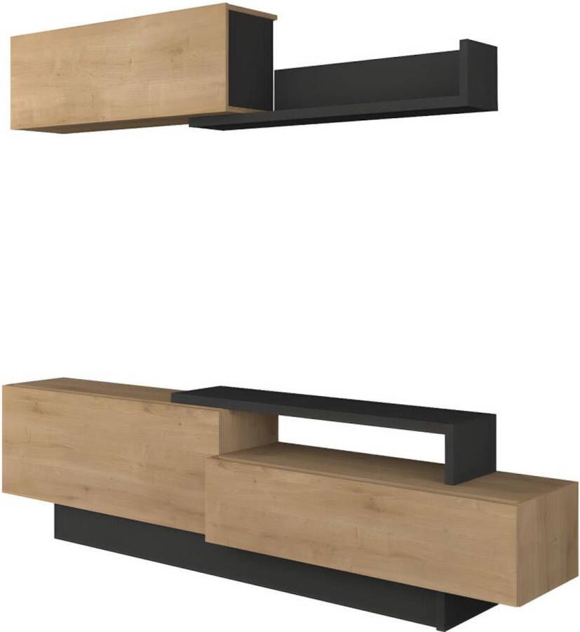 Vente-unique Tv-wand MONTY met opbergruimte Antraciet en eiken L 240 cm x H 71 cm x D 40 cm