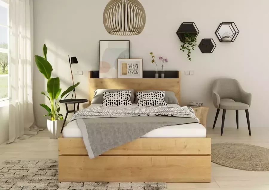 Trasman Tweepersoonsbed Sanna 140x190 lichte eik decor zwart - Foto 4