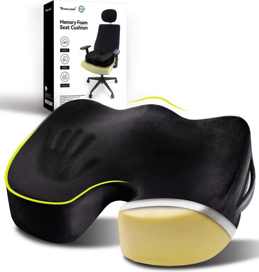 Travel Ease Verdikt U-vormig zitkussen traagschuim ergonomisch zitkussen voor grotere personen geschikt voor bureaustoel autostoel gamingstoel (zwart)