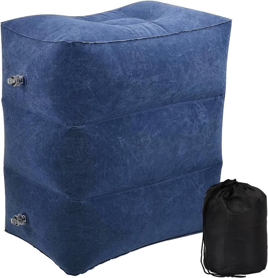 Foldable Portable Inflatable Footrest Pillow Muti-Functional Adjustable 3 Layers Footrest Pillow Travel Footstool with Bag and Inflator for Long Flight Train Cars