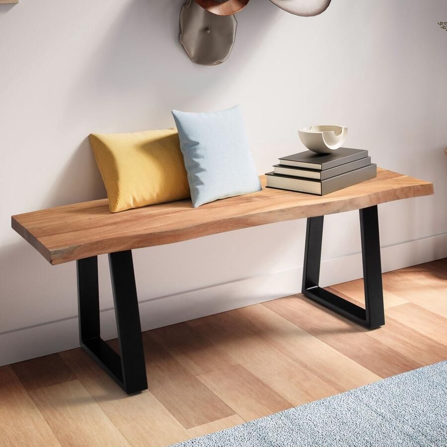 Tree Edge massief acaciahouten bank gangbank schoenenbank trapeziumvormige metalen poten handgemaakt 120 cm x 40 cm x 45 5 cm