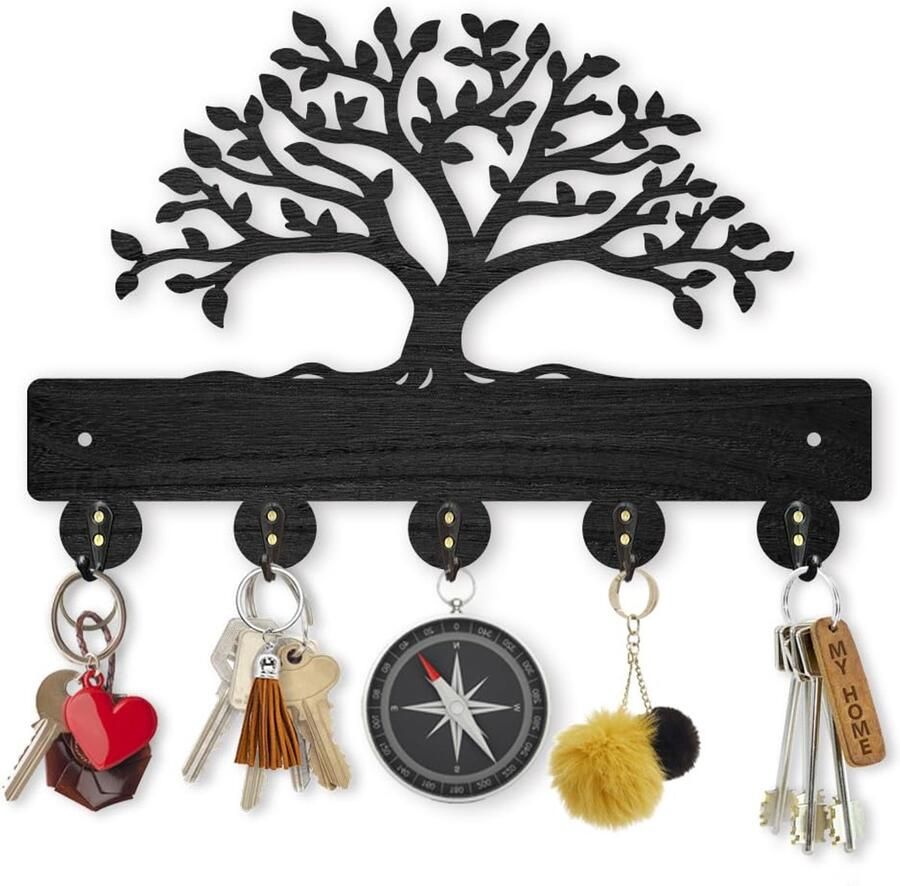 Tree of Life Coat Rack Wall Mounted 30×20cm Lush Tree Key Holder for Wall Decorative Wood Black Key Rack Pendant 5 Alloy Hooks for Wall Art Decor Entrance Front Door Gift