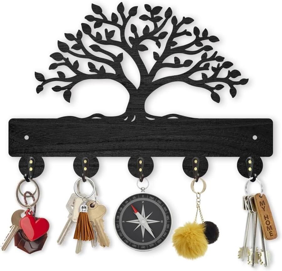 Tree of Life Kapstok Wandgemonteerd 30×20cm Lush Boom Sleutelhanger voor Wand Decoratief Houten Zwart Sleutelkastje 5 Legeringen Haken voor Wanddecoratie Ingangsdecoratie Cadeau voor Voordeur