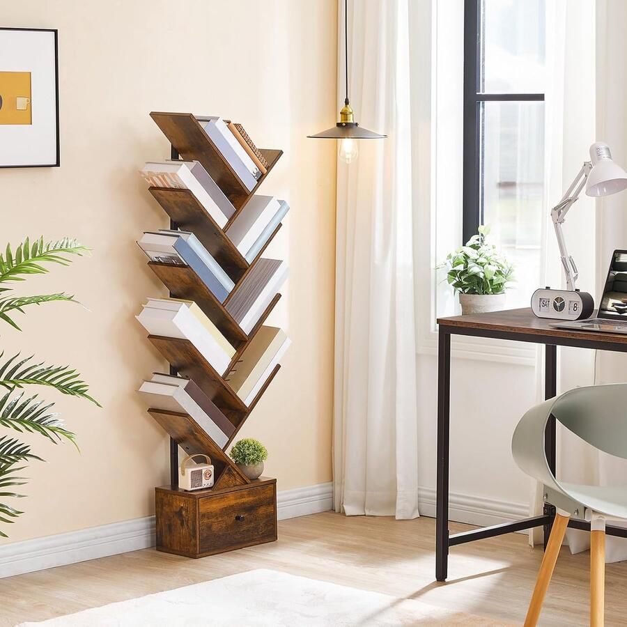 Tree-Shaped Bookcase with Drawer – 9 Tier Standing Rack – Freestanding Book Tower Shelf for Books DVDs & Decor – Vintage Brown