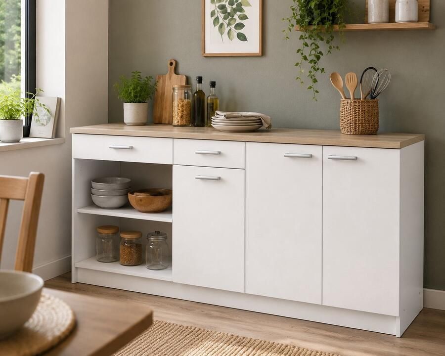 Trendmeubel Belfurn keukenkast onderkast Cooking 180cm in witte melamine met eiken blad - Foto 2