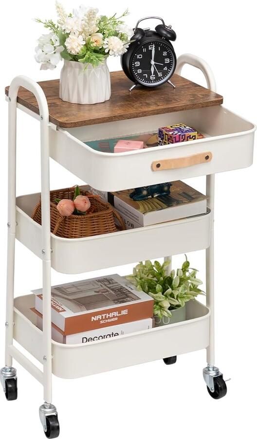 Trolley 3 verdiepingen met wieltjes leren handvaten opbergkar metaal handig voor keuken kamer badkamer kantoor wit