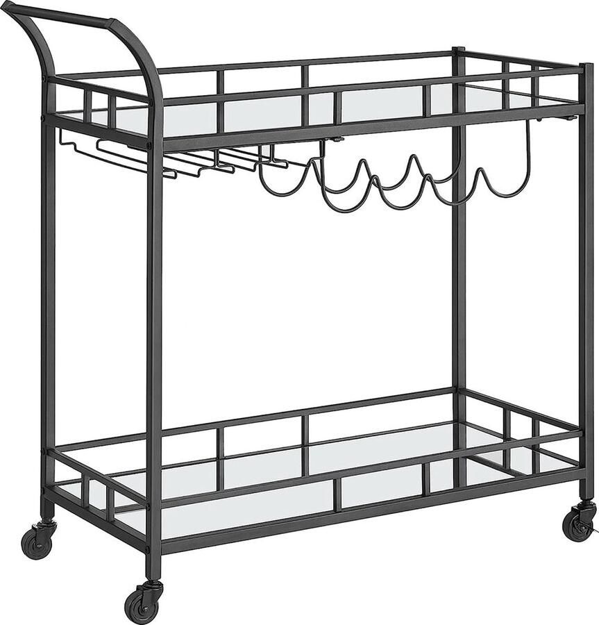 Rootz Living Rootz Trolley van zwart staal met spiegelglas Barwagen Serveerwagen Zwaar uitgevoerd Ruime planken Eenvoudige montage 38 cm x 80 cm x 77 5 cm