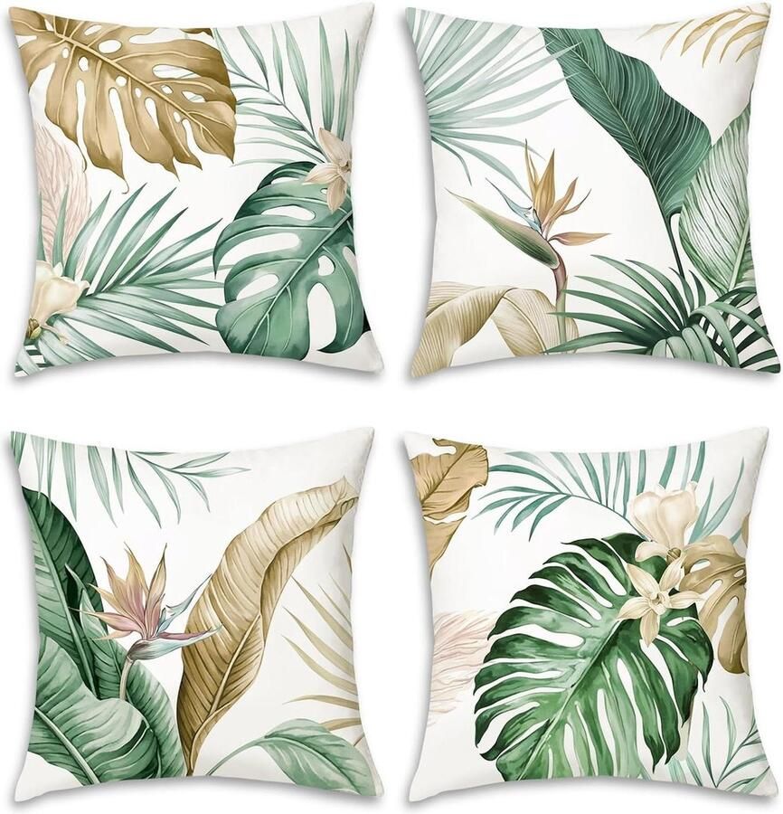 Tropische bladeren kussenhoezen 45 x 45 cm groenbruin decoratief fluwelen kussenslopen slaapbank thuis tuin terras zomerdecoratie set van 4