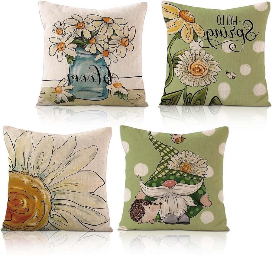 Tropische Bladeren Kussenhoezen 45 x 45 cm Groene en Roze Bladeren Voor Bank Terras Tuin Set van 4 Decoratieve Kussenhoezen