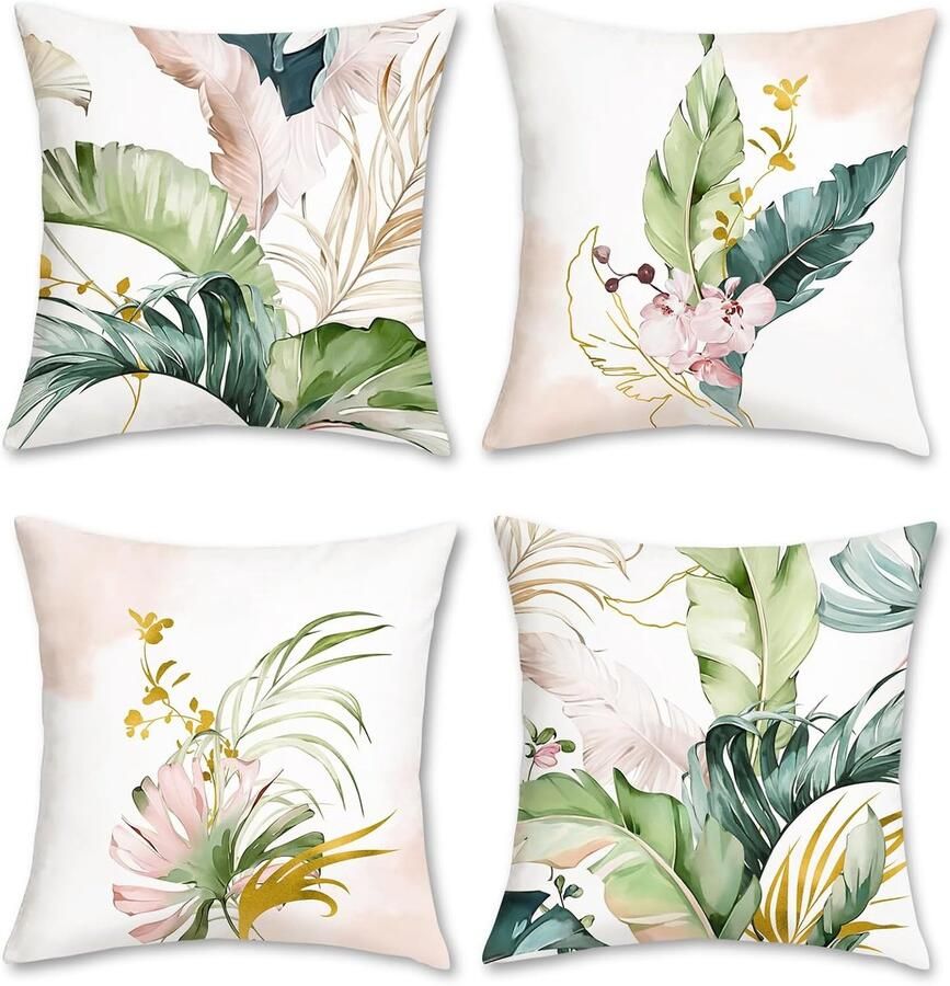 Tropische Kussenhoezen met Groene en Roze Bladeren Set van 4 45 x 45 cm Decoratie voor Bank en Tuin