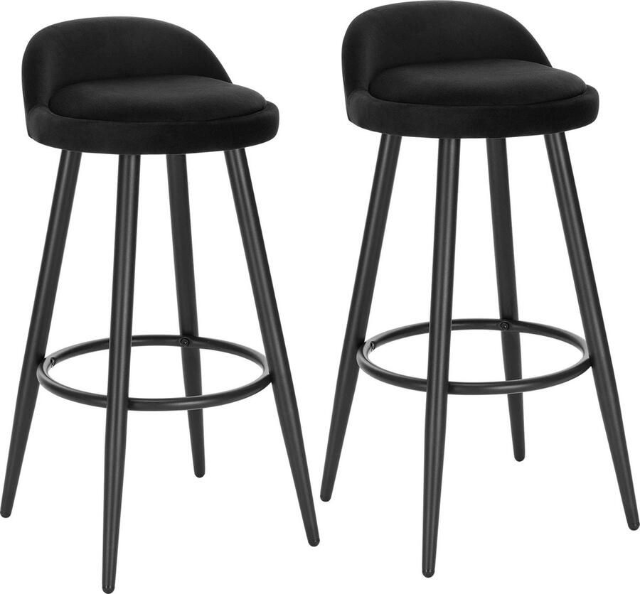 Trovado Barkruk Barkrukken Set van 2 Black velvet Zwart Zitvlak Fluweel Rond design met rugleuning Voetensteun Zithoogte 69 5 CM