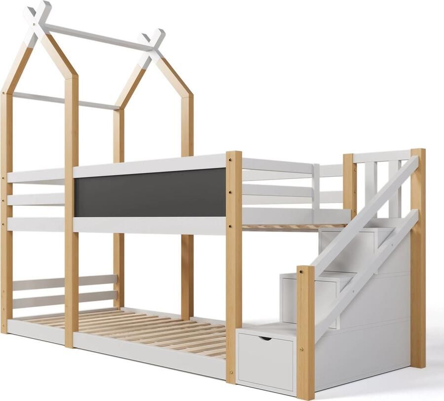 Trovado Boomhut Stapelbed Wit Stapel bed Huisje Stapelbed voor kinderen 90x200 Incl. lattenbodem Met trap en Opbergruimte Krijtbord 2 Personen
