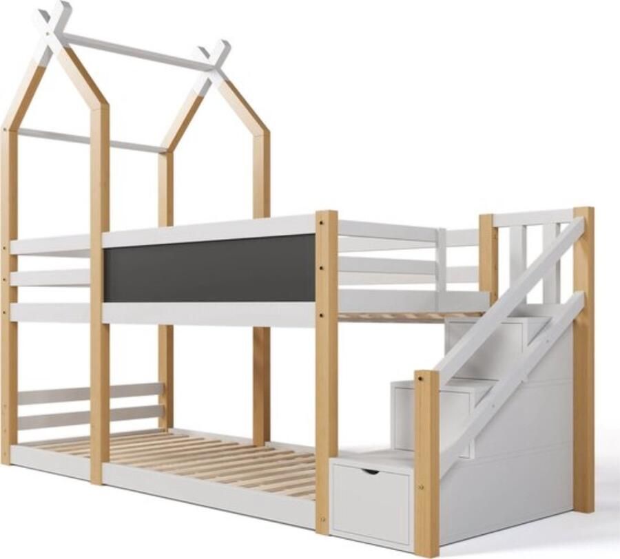 Trovado Boomhut Stapelbed Wit Stapel bed Huisje Stapelbed voor kinderen 90x200 Incl. lattenbodem Met trap en Opbergruimte Krijtbord 2 Personen