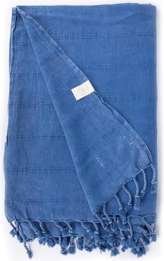 Troy XXL Turkse Handdoek 100% Katoen Stone-washed Peshtemal Hoes voor Bed en Bank Blauw OEKO-TEX 59 x 81 Inches