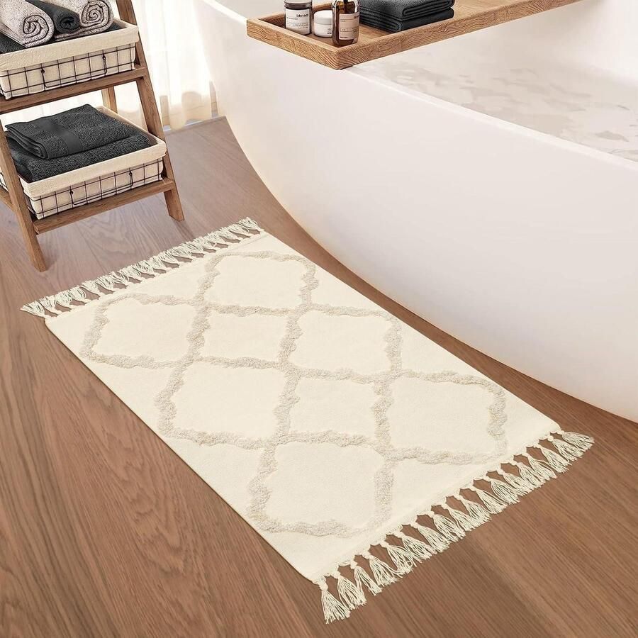 Tufted Badkamer Tapijt 60x90 Boho Katoenen Tapijt Handgeweven Kwasten Wasbaar Vloerkleed voor Keuken Woonkamer Hal vloerkleed