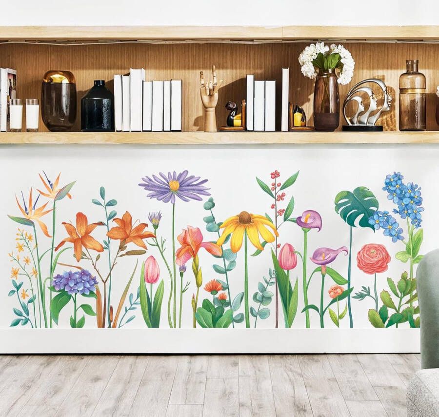 Tuin Bloem Muurstickers Kleurrijke Bloemen Muursticker Lente Planten Vlinder Plint Wall Art Sticker voor Slaapkamer Woonkamer Kantoren Bank Achtergrond Wanddecoratie - Foto 2