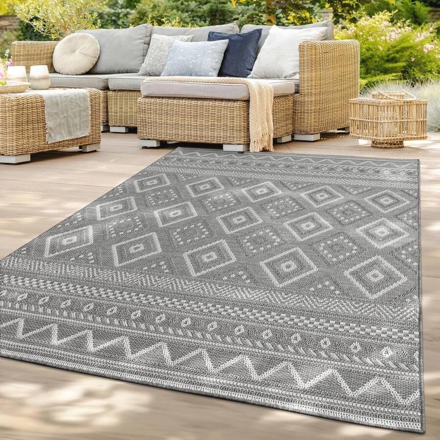 Tuin Vloerkleed Grijs 120x160 cm Boho Geometrisch Modern Tapijt voor Binnen en Buiten