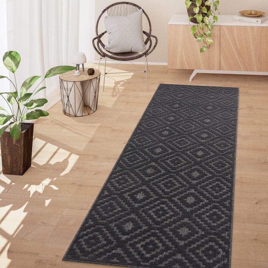 Tuin Vloerkleed Tapijt voor Binnen en Buiten Boho 3D Scandi Modern Donkergrijs 80x250 cm