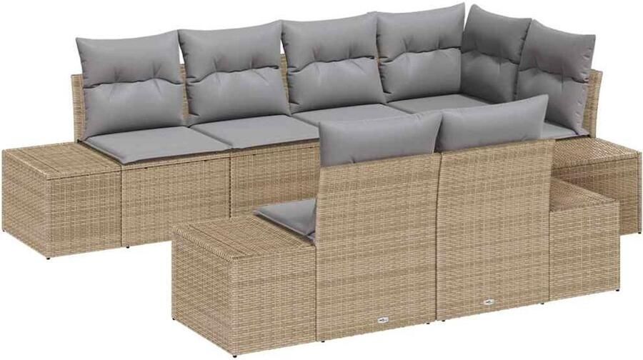 Tuinbank – Buitenbank – Loungeset – Modulair – 7-zits – Weerbestendig Poly Rattan – Lichtgrijze Kussens