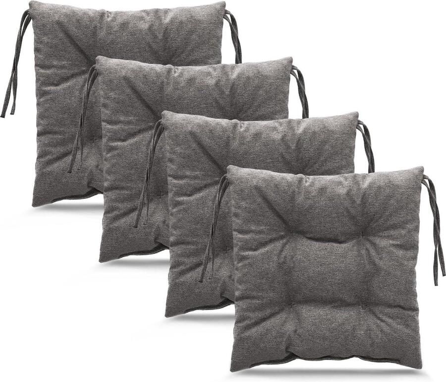 Tuinkussen set 4 stuks 40 x 40 cm grijs dik meubelstof zachte vulling touwtjes om te binden tuinstoel bank schommel pallet