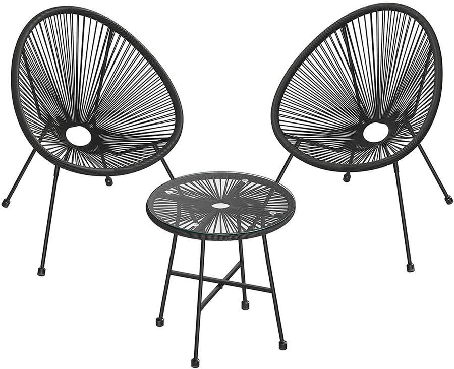 Tuinlounge meubelset 3-delig outdoor indoor zithoekset met 2 gevlochten stoelen en 1 salontafel met gehard glazen blad 50 5 x 50 5 x 52 cm + 64 x 65 x 77 cm zwart