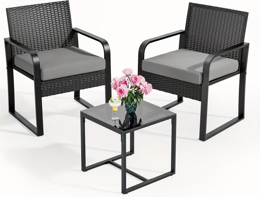 Tuinset – Balkonset – Bistroset – Loungeset – Polyriet – 3-delig – Weerbestendig Rattan – Glazen Tafelblad