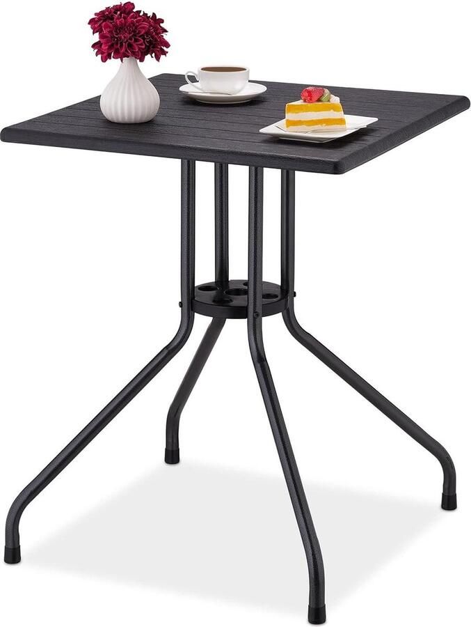 Tuintafel 75x61x61 cm Balkontafel met houtlook Kunststof metaal Buitentafel zwart bijzettafel buiten