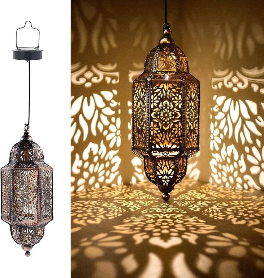 Tuinverlichting op zonne energie Hanglamp Marokkaanse decoratieve solar lantaarn buitenlamp boom patio brons metaal ledverlichting