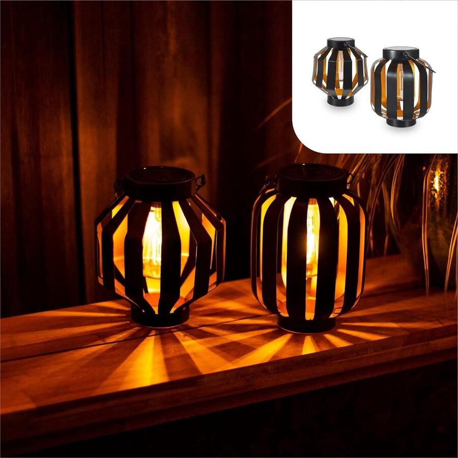 Tuinverlichting op zonne-energie Zwart Goud Set van 2 Lantaarns Led-Verlichting Buiten Tafellamp Metaal