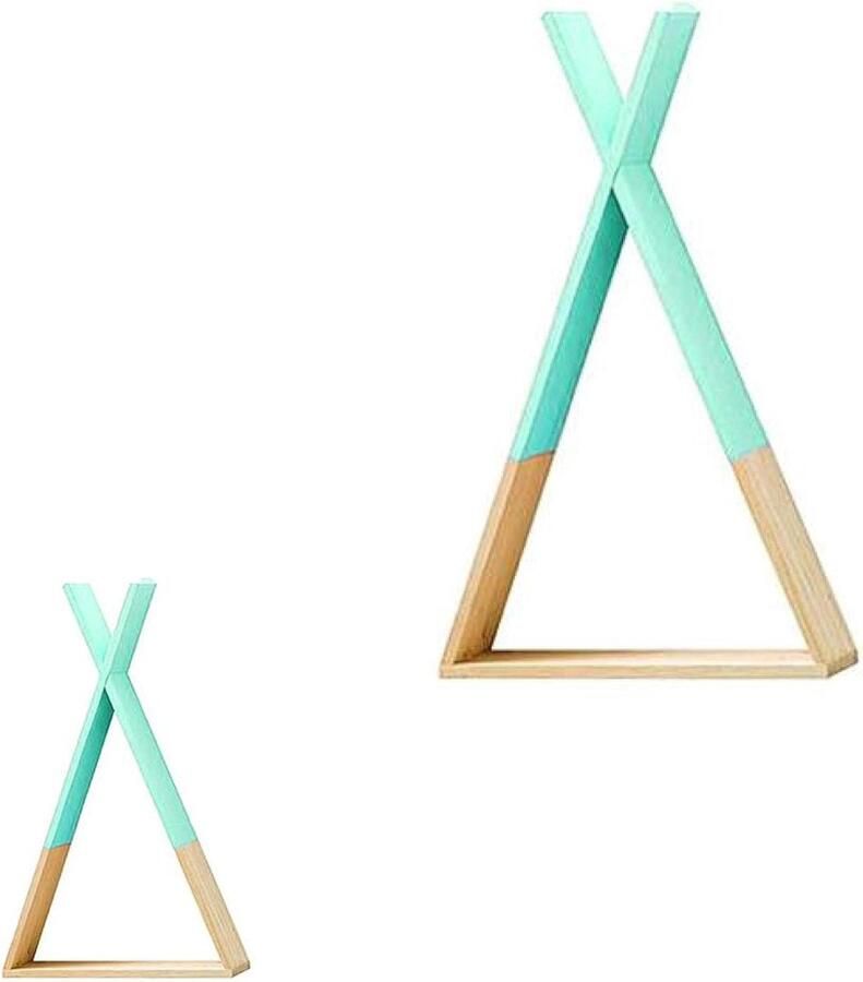 Turquoise Wandplanken Driehoekig Zwevend Wandrek Geschikt voor Kinderkamers 2 Stuks Hout Groot en Medium