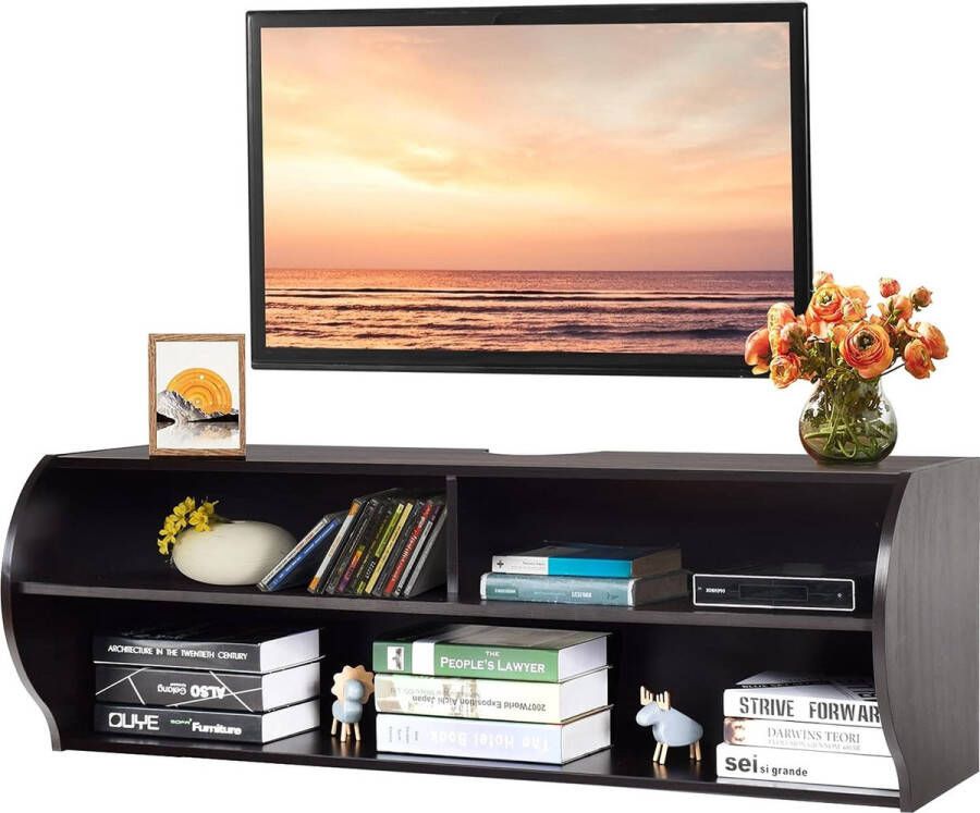 TV kast hangend en vrijstaand tv-kast van hout modern met 3 open vakken commode voor 32-55 inch geschikt voor woonkamer en slaapkamer (bruin)