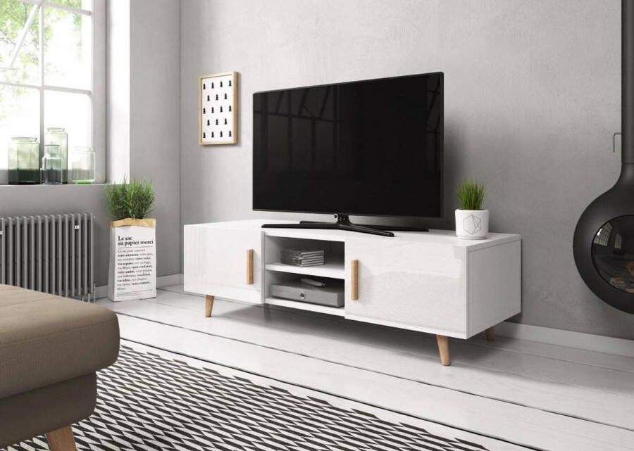 TV Kast Hoogglans Wit 140x42x50 cm – Witte TV Meubel Scandinavisch Design – 2 deurs TVmeubel