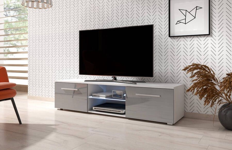 TV Kast Hoogglans Wit & Grijs – Grijze Witte TV Kast Modern Design – TVmeubel Inclusief Led verlichting