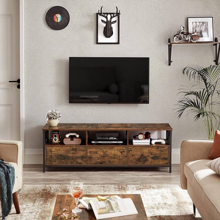 Unbranded TV Kast Jose Voor TV's tot 65 inch Met 3 Lades 147x40x50cm Industrieel Design Stalen Frame Vintage Bruin Zwart