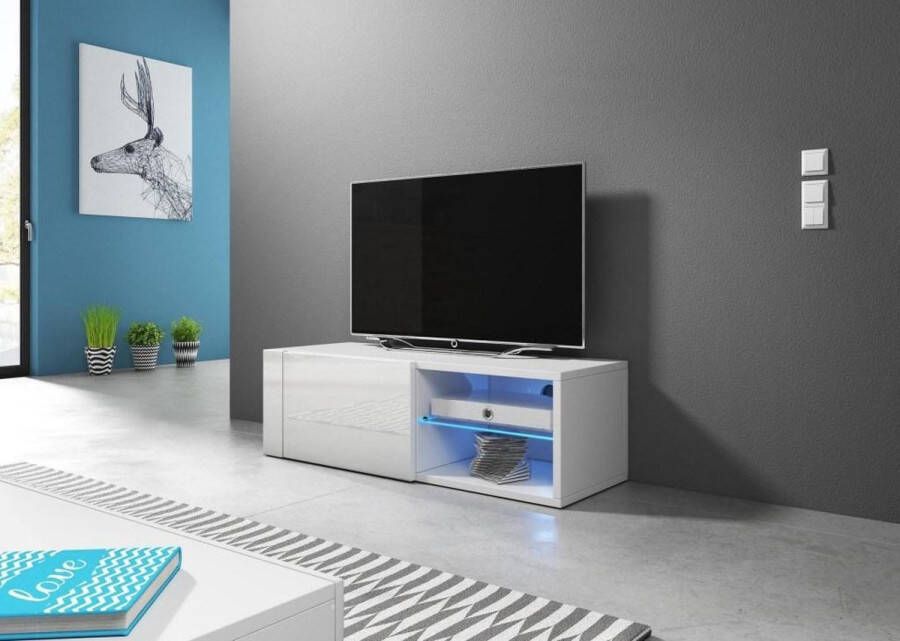 TV Kast Meubel 100 cm Hoogglans Wit – Witte TV Meubel Inclusief Ledverlichting – TVmeubel Wit Modern Design