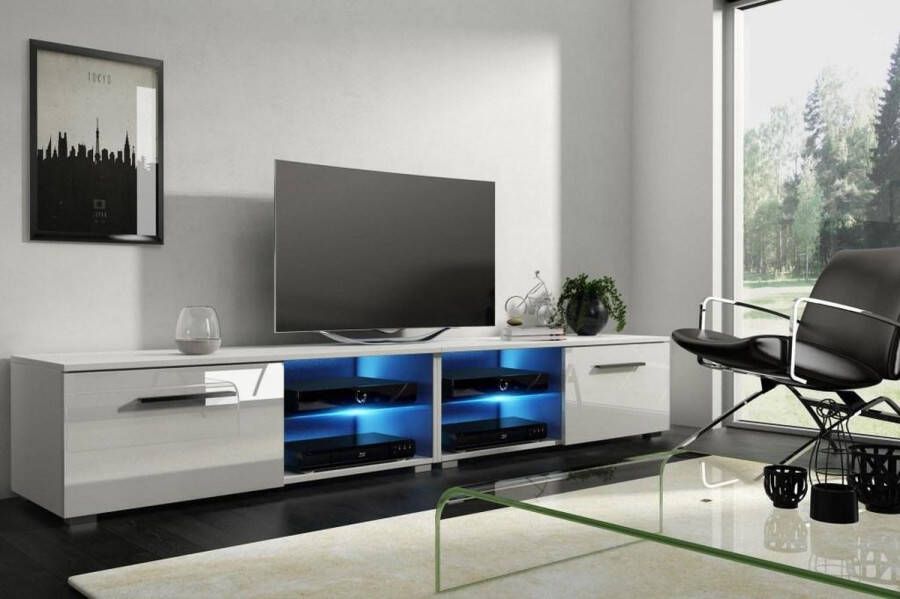 TV Kast Meubel Hoogglans Wit 200 cm – Witte TV Meubel Modern Design – Wit TVmeubel Inclusief Ledverlichting