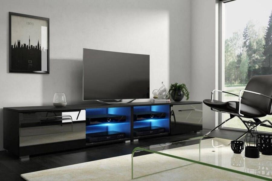TV Kast Meubel Hoogglans Zwart 200 cm – Zwarte TV Meubel Modern Design – TVmeubel Inclusief Led verlichting – Perfecthomeshop