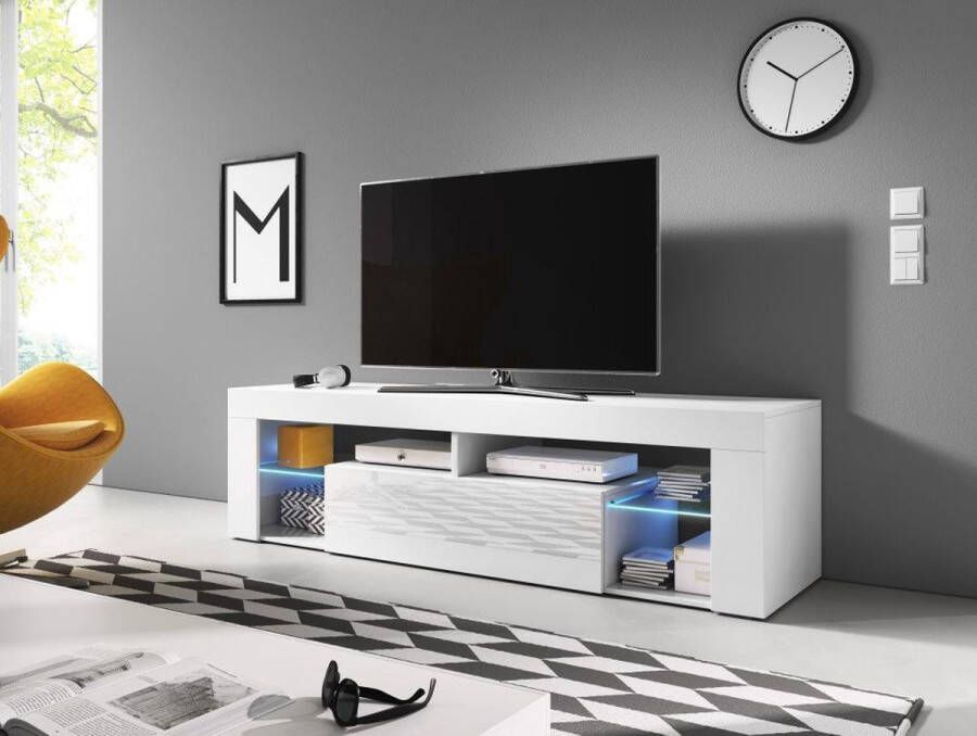 TV Kast Modern Hoogglans Wit & LED – 140x35x50 cm – Witte TV Meubel Met Ledverlichting – TVmeubel Wit