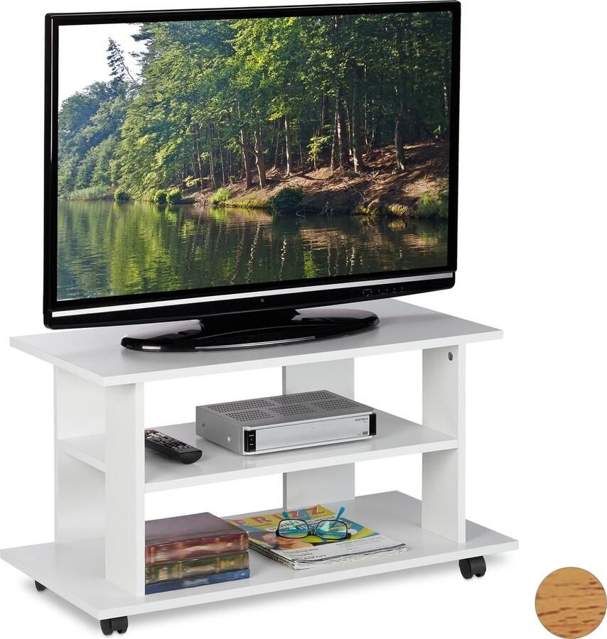 Relaxdays tv kast op wielen 45 x 80 x 40 cm 2 open vakken verrijdbaar tv tafel wit