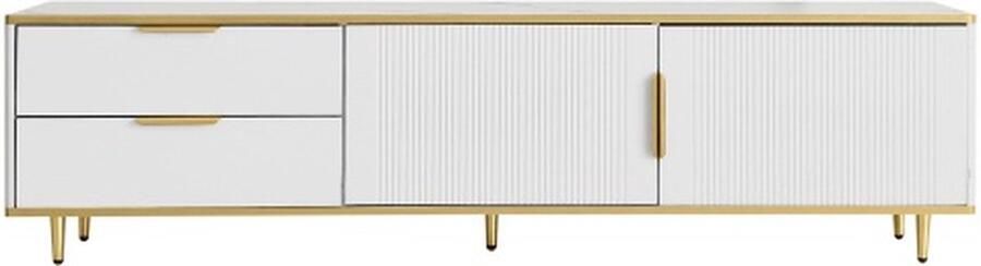 Zonder merk Gotagee TV Kast TV Meubel Wit Lage Schotel Met Gegraveerd Textuur Gouden Handvatten En Voeten Woonkamermeubel Met Marmerstructuur