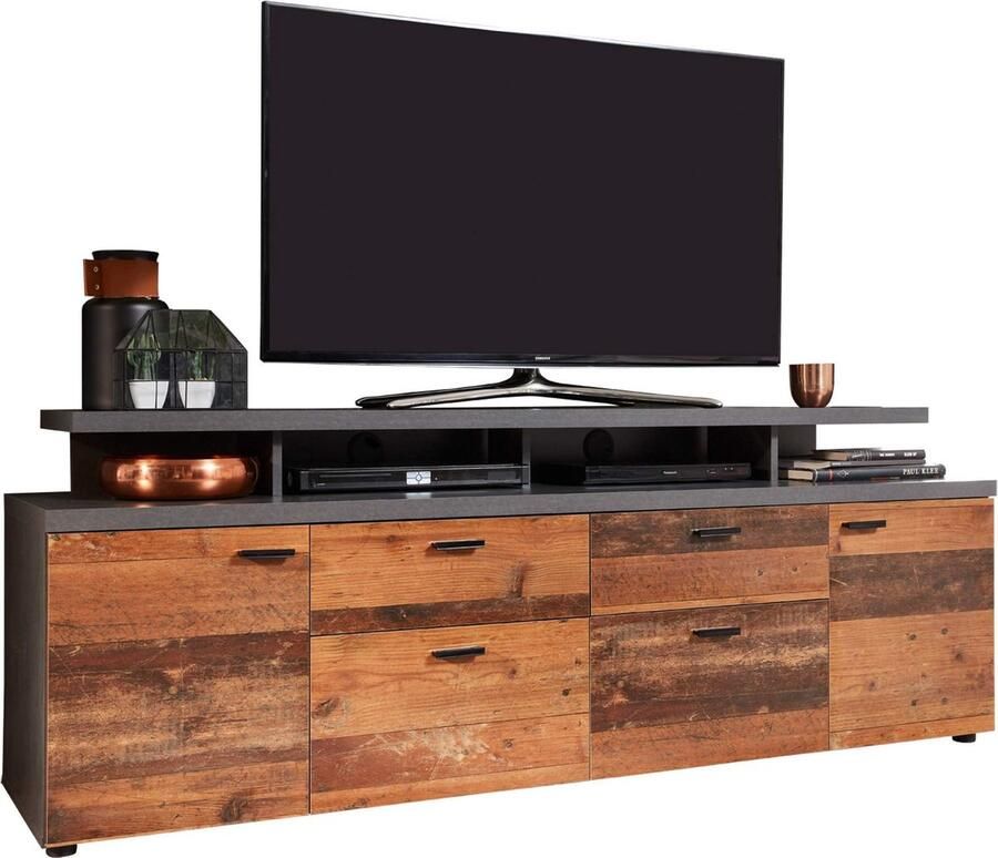 Rootz Living Rootz TV Lowboard Mediaconsole Entertainmentstandaard Televisiekast TV-meubel Mediastandaard Donkerbruin & Grijs 180x66x47 cm