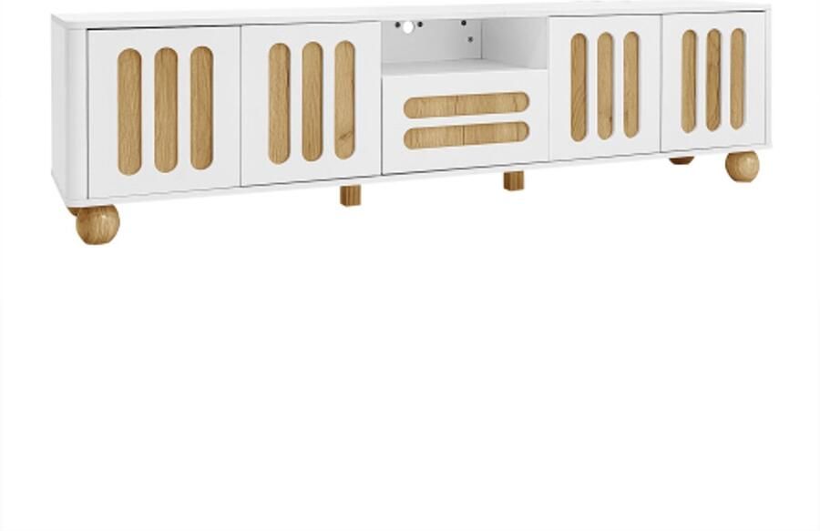 Zonder merk Gotagee TV-meubel 180x40x47 cm wit en houtlook met 4 deuren 1 lade en LED-verlichting afgeronde hoeken bolvormige poten veelzijdige opbergruimte
