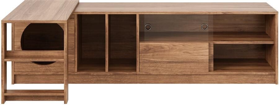 Moderne draaibare tv-kast – multifunctioneel en uitschuifbaar huisdiervriendelijk met staal versterkte glazen deuren rustruimte voor katten (zonder kattenkussen) notenhoutkleurig 180(+80)×40×50 cm - Foto 2